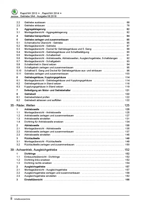 SKODA Rapid Typ NH 2012-2020 5 Gang Schaltgetriebe 0A4 Reparaturanleitung PDF