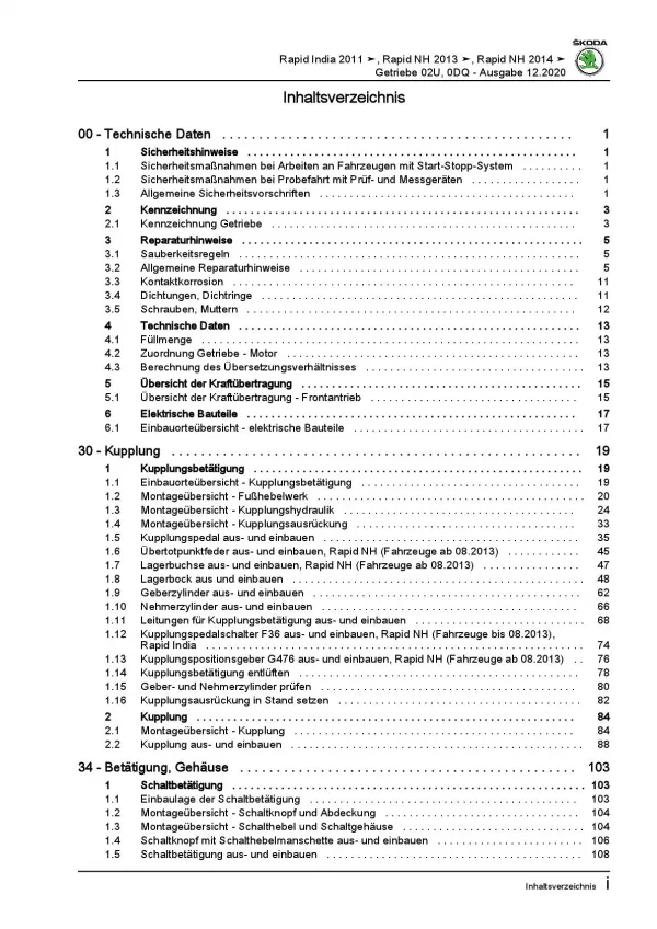 SKODA Rapid Typ NH 2012-2020 6 Gang Schaltgetriebe 02U Reparaturanleitung PDF
