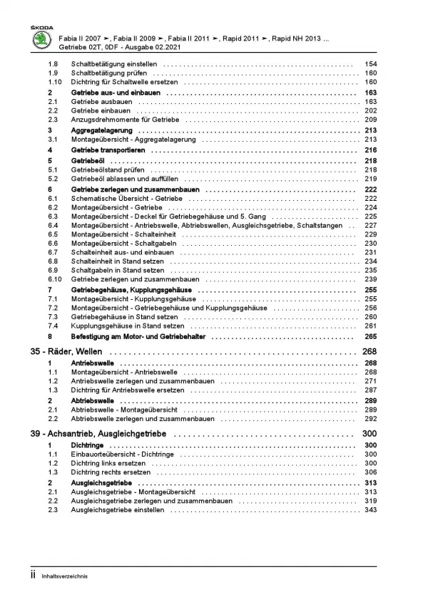 SKODA Rapid Typ NH 2012-2020 5 Gang Schaltgetriebe 02T Reparaturanleitung PDF