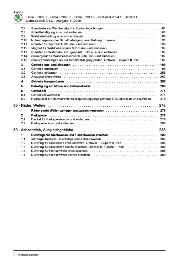 SKODA Rapid NH 2012-2020 7 Gang Automatikgetriebe DSG 0AM Reparaturanleitung PDF