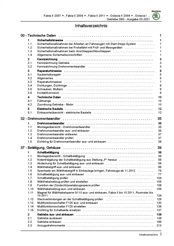 SKODA Rapid NH 2012-2020 6 Gang Automatikgetriebe DSG 09G Reparaturanleitung PDF