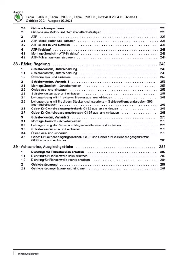 SKODA Rapid NH 2012-2020 6 Gang Automatikgetriebe DSG 09G Reparaturanleitung PDF