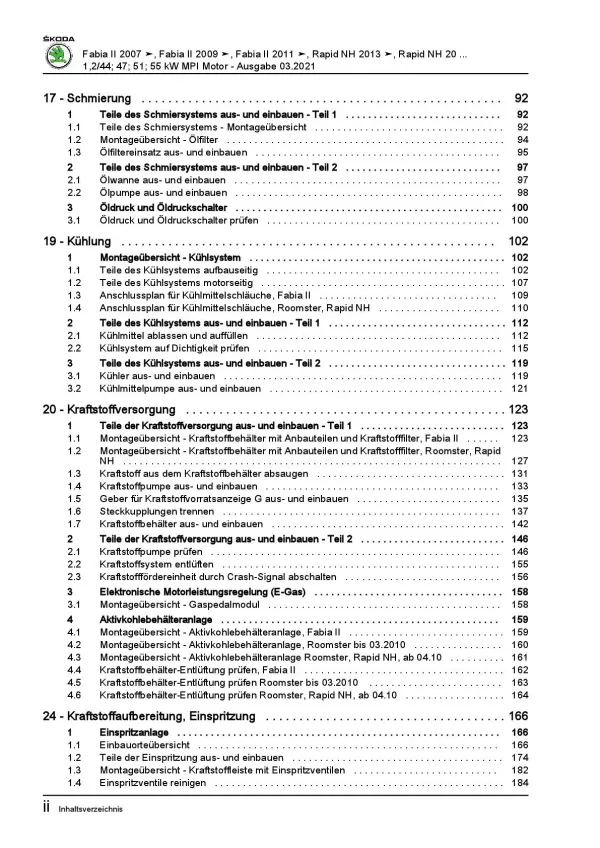 SKODA Rapid NH 2012-2020 3-Zyl. 1,2l Benzinmotor 60-75 PS Reparaturanleitung PDF