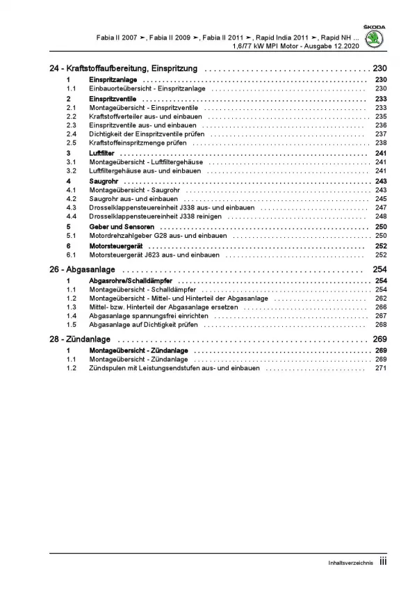 SKODA Rapid NH 2012-2020 4-Zyl. 1,6l Benzinmotor 105 PS Reparaturanleitung PDF