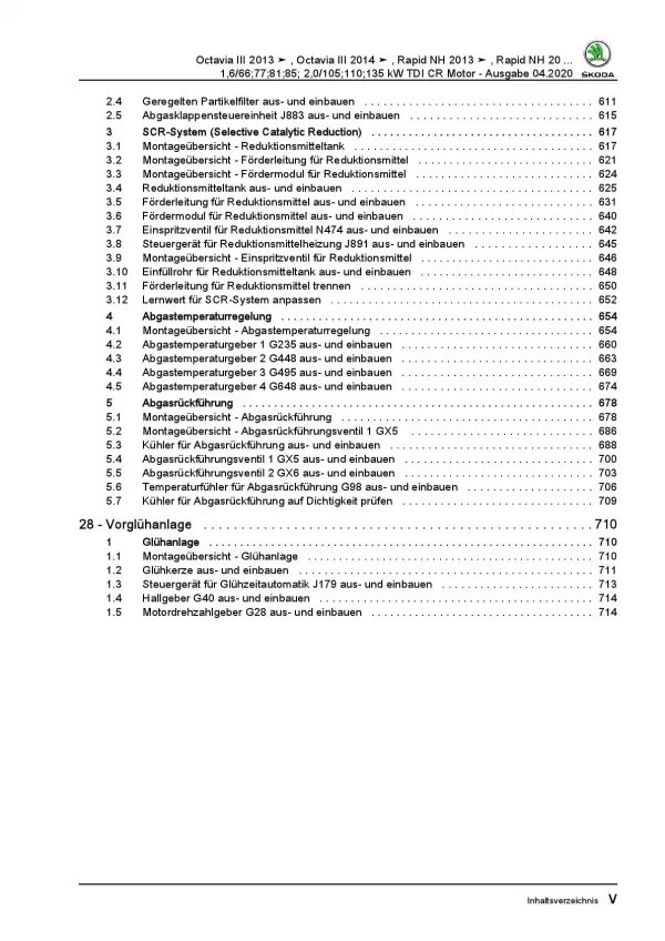 SKODA Rapid NH 2012-2020 1,6l 2,0l Dieselmotor 90-184 PS Reparaturanleitung PDF