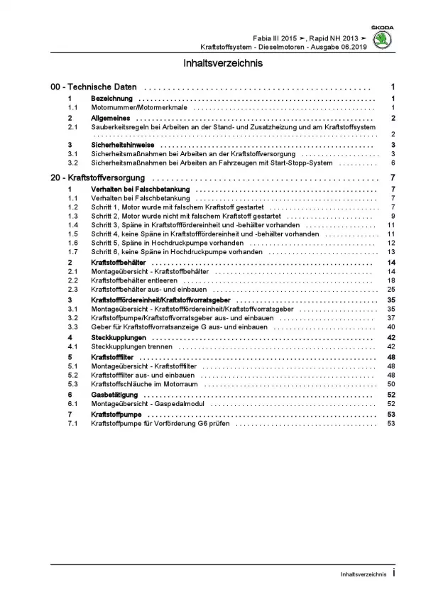 SKODA Rapid 2012-2020 Kraftstoffversorgung Dieselmotoren Reparaturanleitung PDF