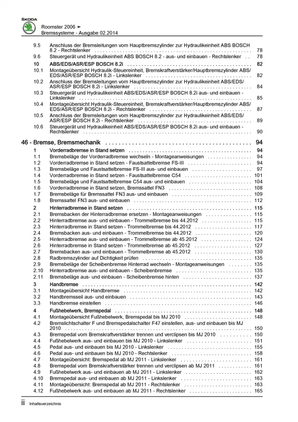 SKODA Roomster 5J 2006-2015) Bremsanlagen Bremsen System Reparaturanleitung PDF