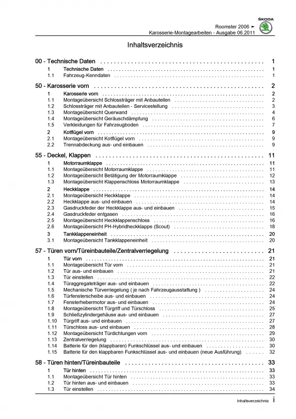 SKODA Roomster 5J (06-15) Karosseriearbeiten Innen Außen Reparaturanleitung PDF