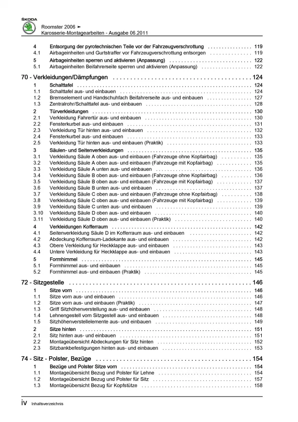 SKODA Roomster 5J (06-15) Karosseriearbeiten Innen Außen Reparaturanleitung PDF