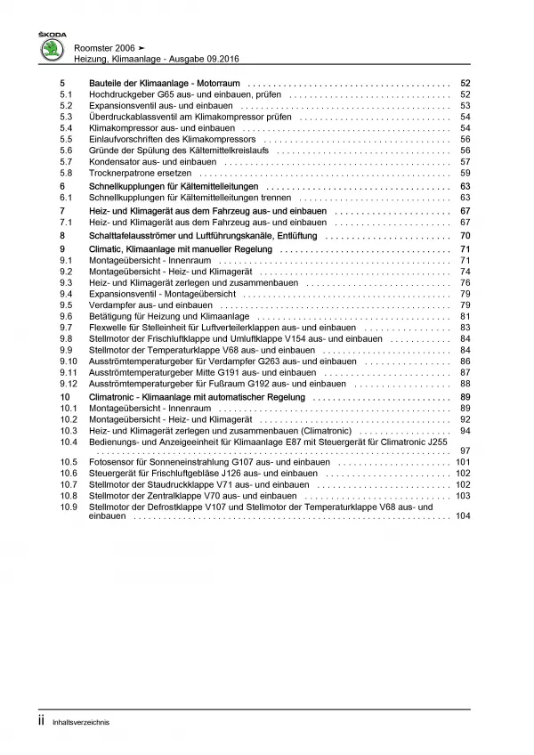 SKODA Roomster 5J 2006-2015 Heizung Belüftung Klimaanlage Reparaturanleitung PDF