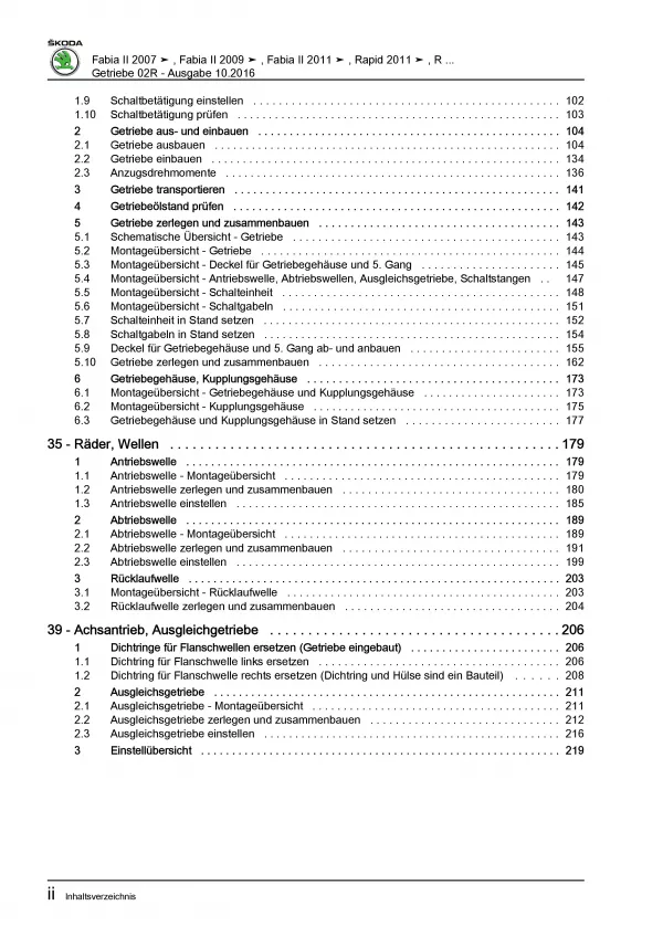 SKODA Roomster (06-15) 5 Gang Schaltgetriebe 02R Kupplung Reparaturanleitung PDF