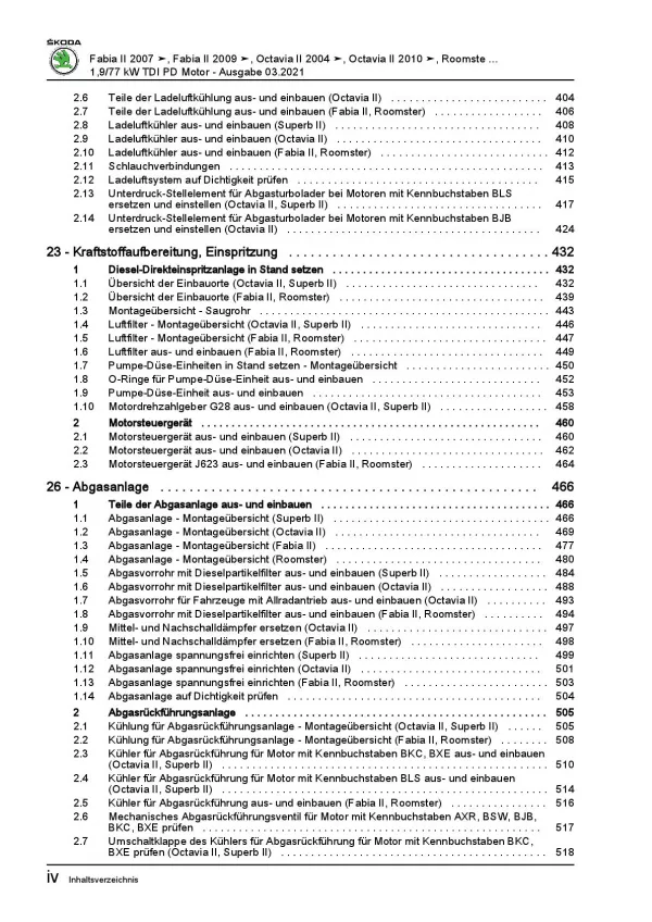 SKODA Roomster 5J (06-15) 4-Zyl. 1,9l Dieselmotor 105 PS Reparaturanleitung PDF