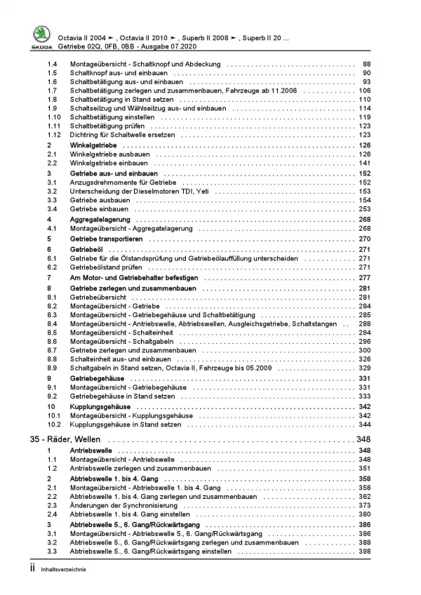SKODA Superb 2008-2015 6 Gang Schaltgetriebe 02Q 0FB 0BB Reparaturanleitung PDF