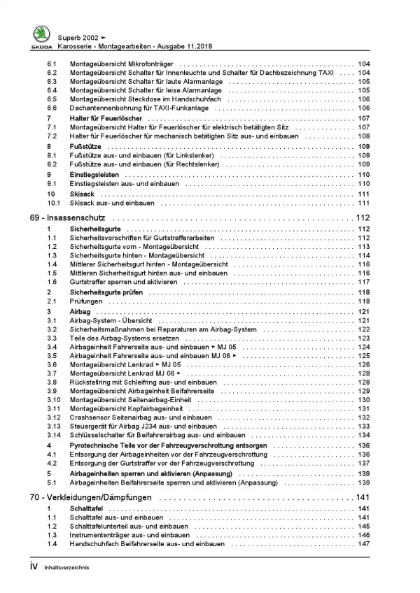 SKODA Superb 3U 2001-2008 Karosseriearbeiten Innen Außen Reparaturanleitung PDF