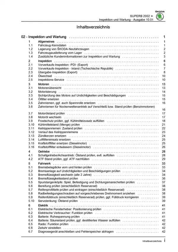 SKODA Superb Typ 3U 2001-2008 Inspektion Wartung Pflege Reparaturanleitung PDF