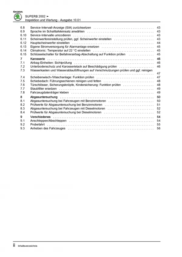 SKODA Superb Typ 3U 2001-2008 Inspektion Wartung Pflege Reparaturanleitung PDF