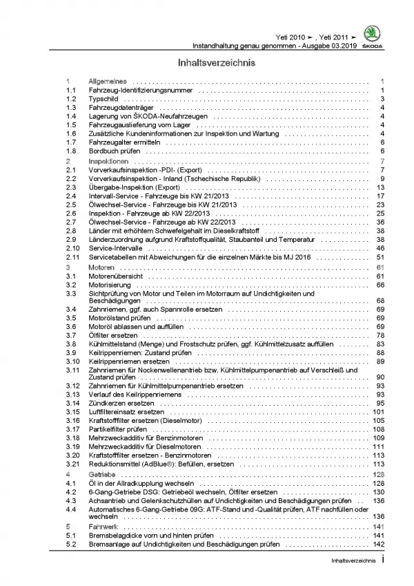 SKODA Yeti 5L (09-17) Instandhaltung Inspektion Wartung Reparaturanleitung PDF
