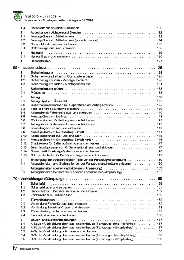 SKODA Yeti 5L 2009-2017 Karosseriearbeiten Innen Außen Reparaturanleitung PDF