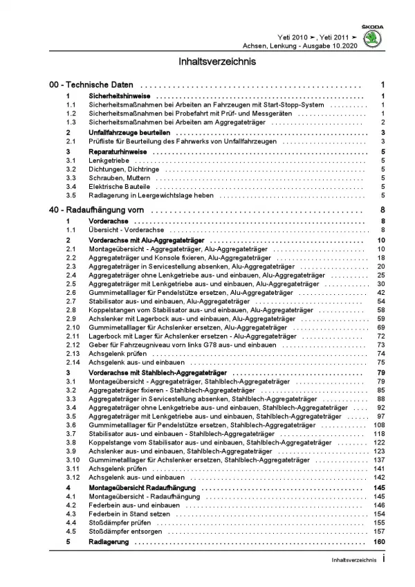 SKODA Yeti Typ 5L 2009-2017 Fahrwerk Achsen Lenkung Reparaturanleitung PDF
