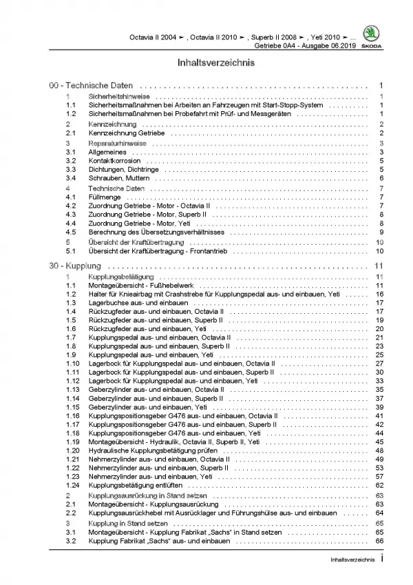 SKODA Yeti 5L (09-17) 5 Gang Schaltgetriebe 0A4 Kupplung Reparaturanleitung PDF