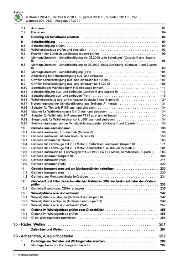 SKODA Yeti 2009-2017 6 Gang Automatikgetriebe DSG DKG 02E Reparaturanleitung PDF