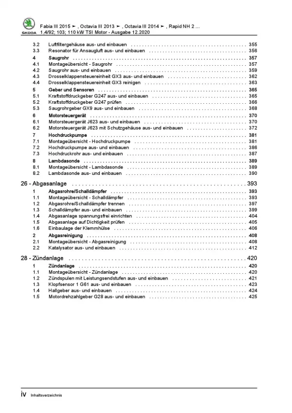 SKODA Yeti (09-17) 4-Zyl. 1,4l Benzinmotor TSI 125-150 PS Reparaturanleitung PDF