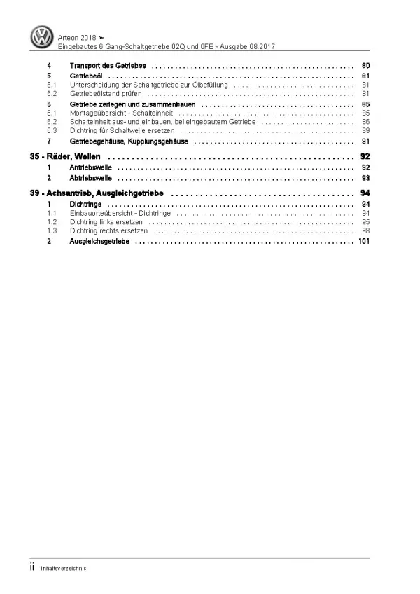 VW Arteon 3H 2017-2020 6 Gang Schaltgetriebe 02Q 0FB Reparaturanleitung PDF