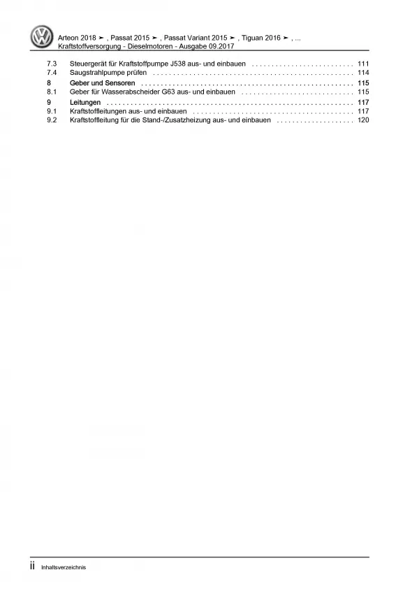 VW Arteon 3H 2017-2020 Kraftstoffversorgung Dieselmotoren Reparaturanleitung PDF
