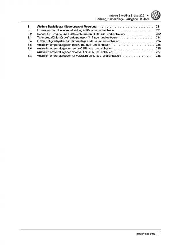 VW Arteon Typ 3H9 ab 2020 Heizung Belüftung Klimaanlage Reparaturanleitung PDF