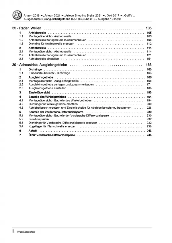 VW Arteon 3H ab 2020 6 Gang Schaltgetriebe 02Q 0FB 0BB Reparaturanleitung PDF