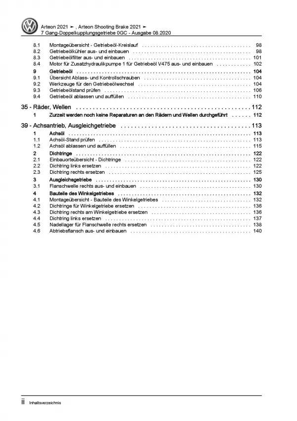 VW Arteon 3H ab 2020 7 Gang Automatikgetriebe DSG DKG 0GC Reparaturanleitung PDF