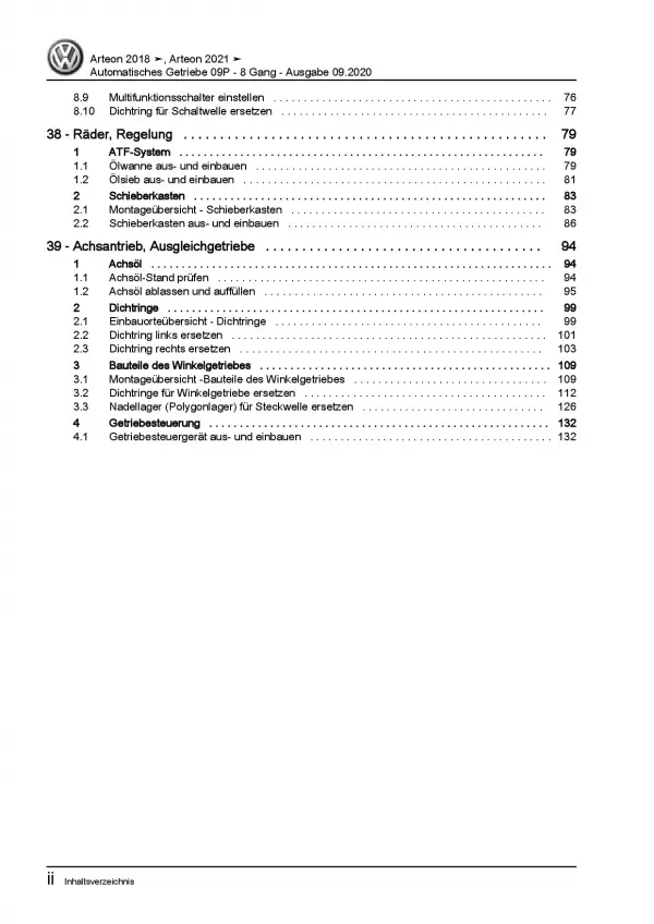 VW Arteon Typ 3H ab 2020 8 Gang Automatikgetriebe 09P Reparaturanleitung PDF