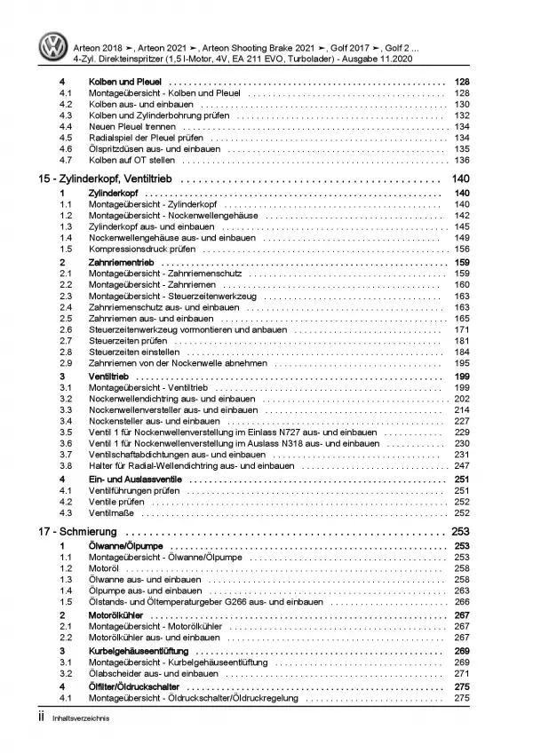 VW Arteon 3H ab 2020 4-Zyl. 1,5l Benzinmotor 130-150 PS Reparaturanleitung PDF