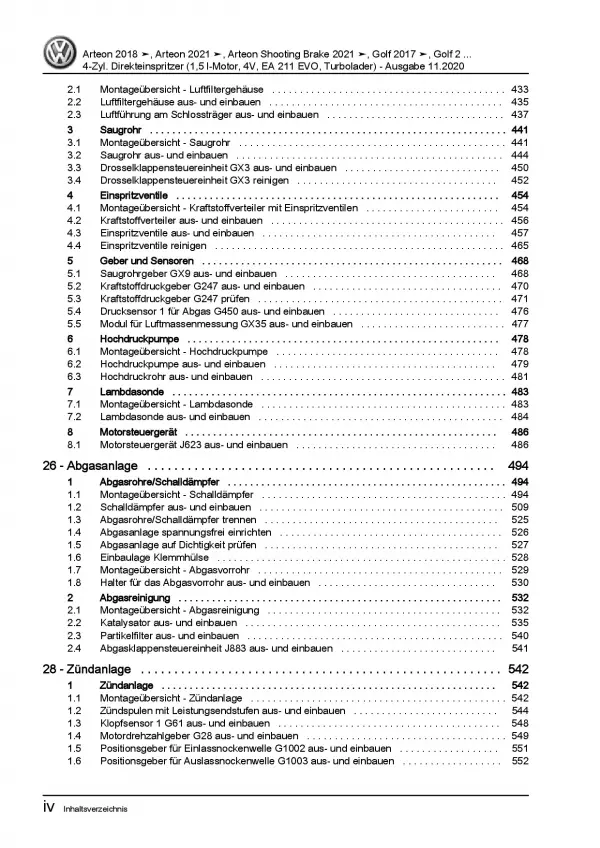 VW Arteon 3H ab 2020 4-Zyl. 1,5l Benzinmotor 130-150 PS Reparaturanleitung PDF