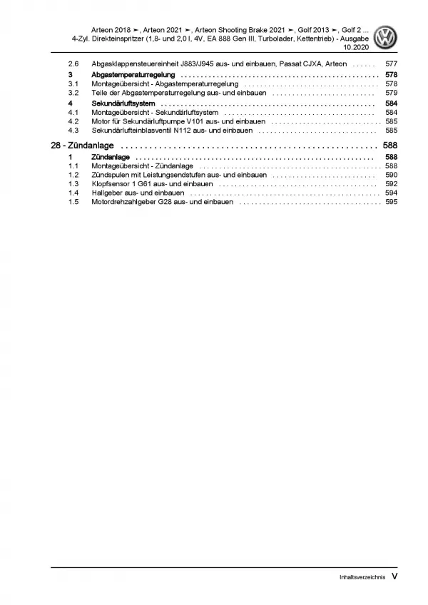 VW Arteon 3H ab 2020 1,8l 2,0l Benzinmotor 179-290 PS Reparaturanleitung PDF