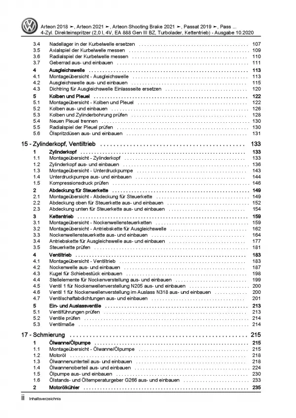VW Arteon 3H ab 2020 4-Zyl. 2,0l Benzinmotor 179-200 PS Reparaturanleitung PDF