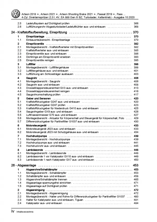 VW Arteon 3H ab 2020 4-Zyl. 2,0l Benzinmotor 179-200 PS Reparaturanleitung PDF