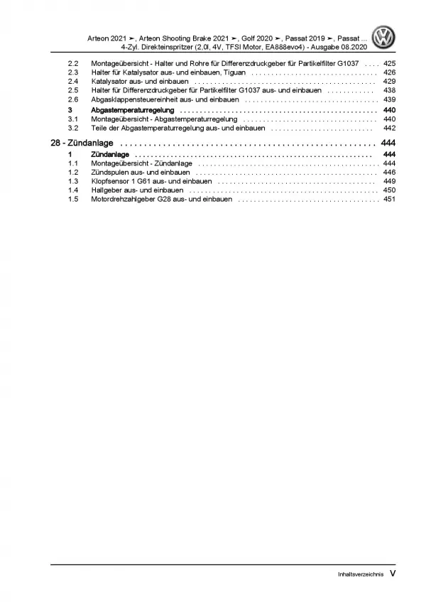 VW Arteon 3H ab 2020 4-Zyl. 2,0l Benzinmotor 190-320 PS Reparaturanleitung PDF