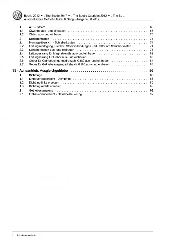 VW Beetle Typ NBL (16-19) 6 Gang Automatikgetriebe 09G Reparaturanleitung PDF
