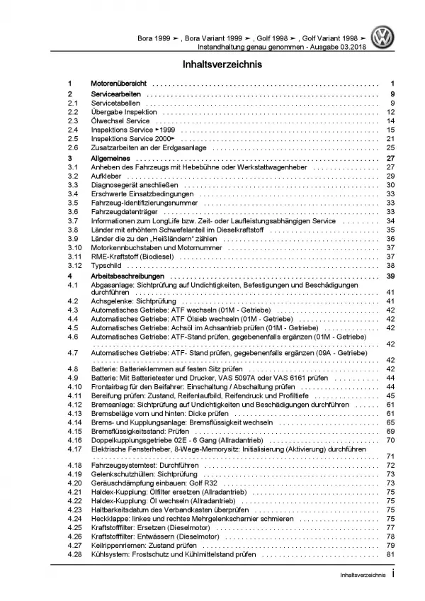 VW Bora 1J 1998-2006 Instandhaltung Inspektion Wartung Reparaturanleitung PDF