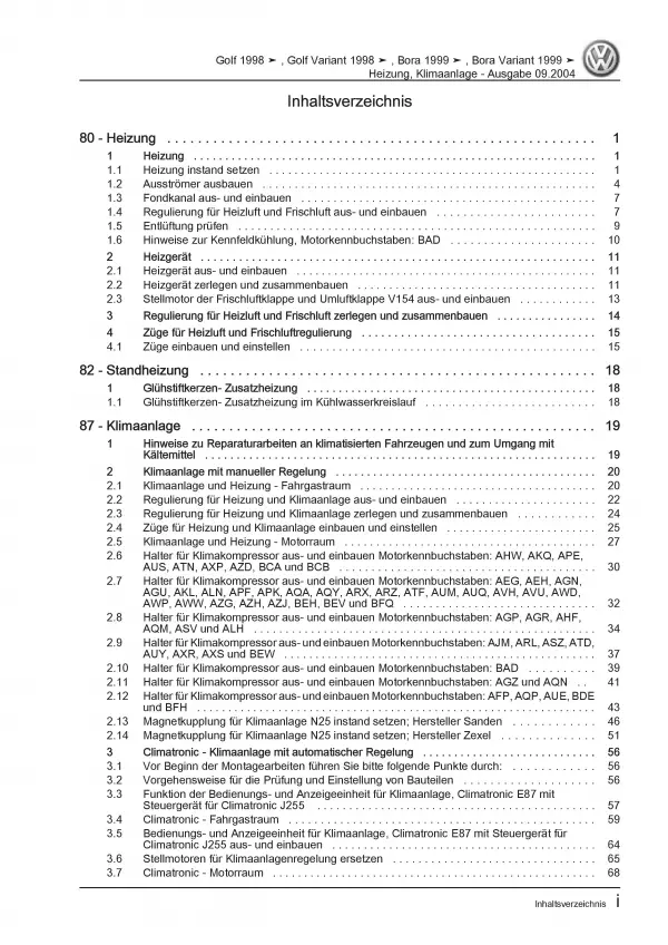 VW Bora Typ 1J 1998-2006 Heizung Belüftung Klimaanlage Reparaturanleitung PDF