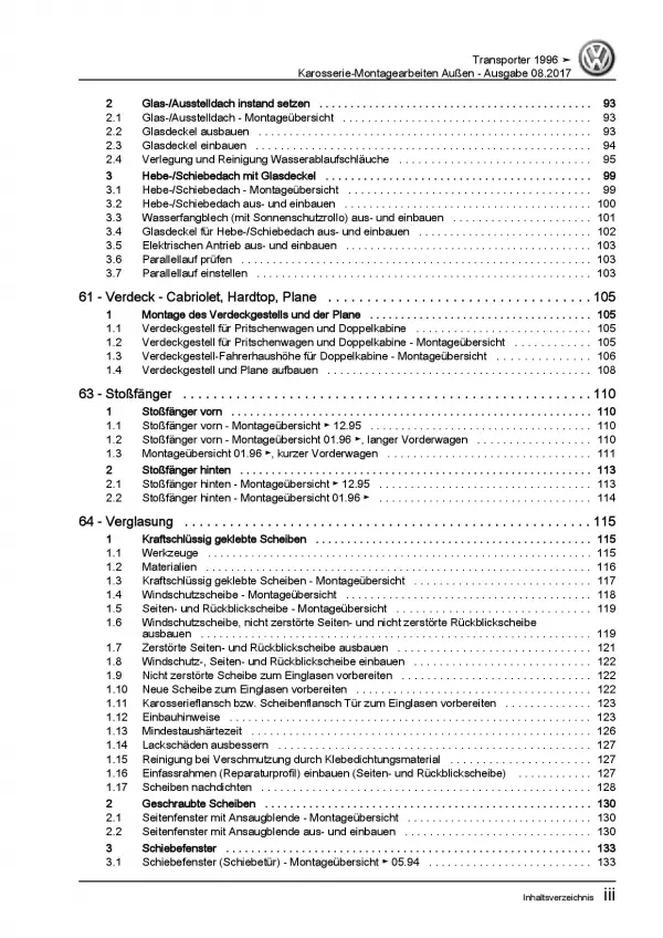 VW Bus T4 1996-2003 Karosserie Montagearbeiten Außen Reparaturanleitung PDF