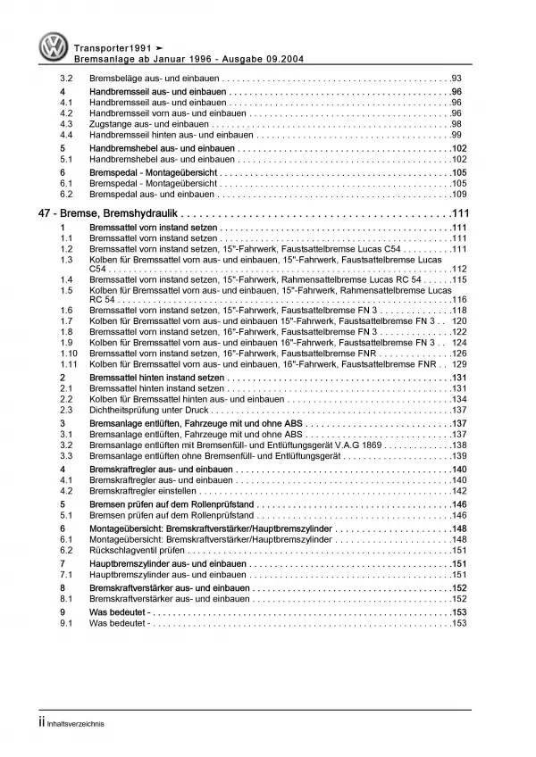 VW Transporter T4 (90-95) Bremsanlagen Bremsen System Reparaturanleitung PDF
