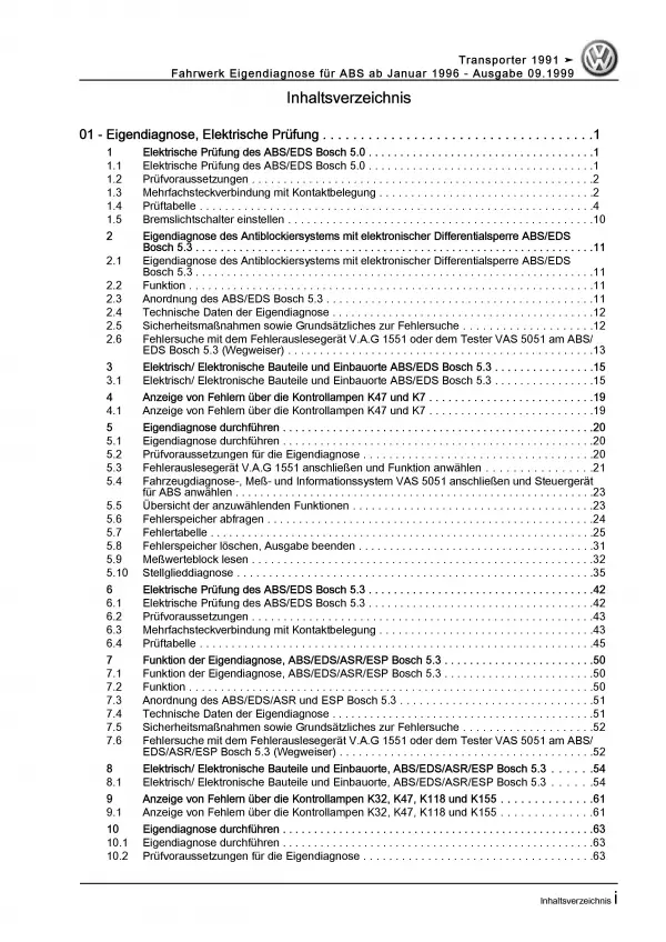 VW Transporter T4 (96-03) Eigendiagnose Fahrwerk Bremsen Reparaturanleitung PDF
