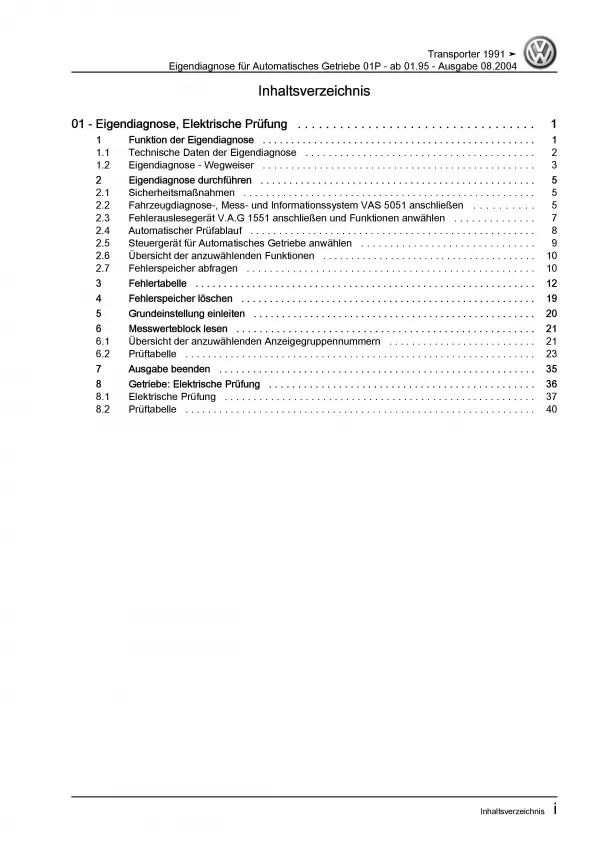 VW Transporter T4 (95-03) Eigendiagnose Automatikgetriebe Reparaturanleitung PDF