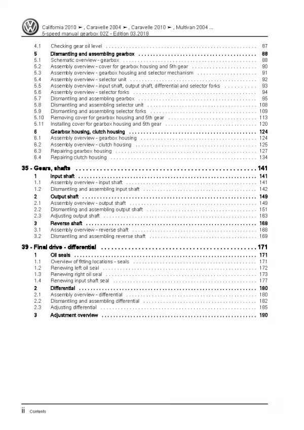 VW Transporter T5 2003-2015 5 Gang Schaltgetriebe 02Z Reparaturanleitung PDF