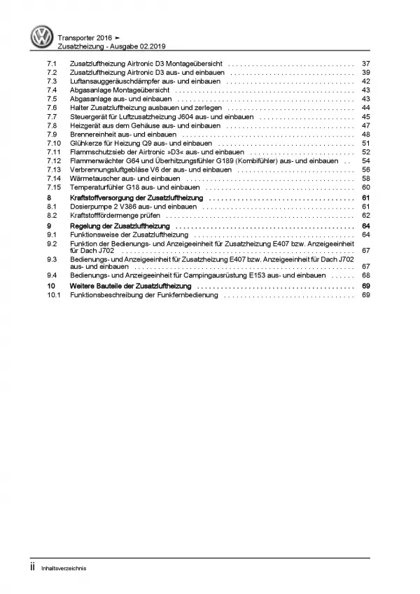 VW Transporter T6 ab 2015 Standheizung Zusatzheizung Reparaturanleitung PDF
