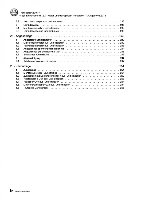 VW Transporter T6 ab 2015 2,0l Benzinmotor 150-204 PS Reparaturanleitung PDF