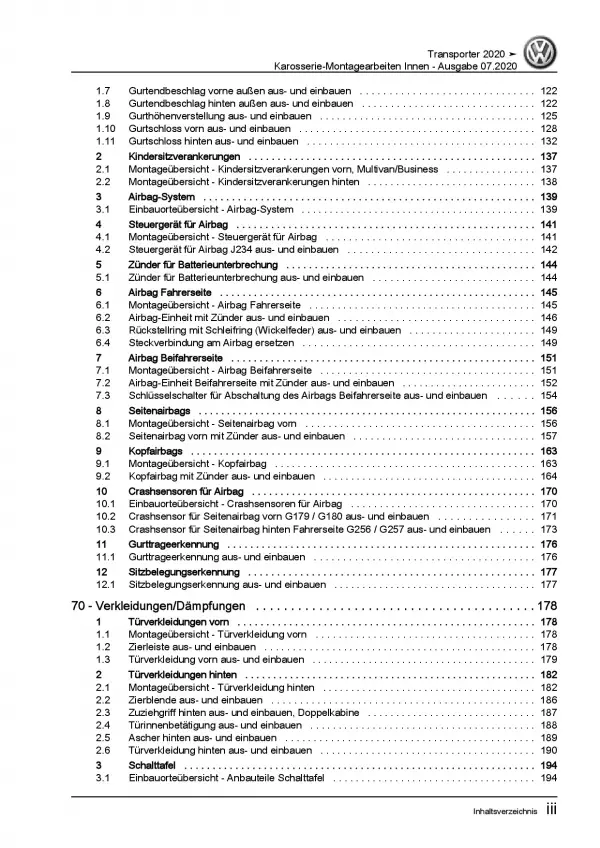 VW Transporter T6.1 ab 2019 Karosserie Montage Innen Reparaturanleitung PDF