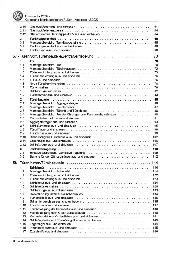 VW Transporter T6.1 ab 2019 Karosserie Montage Außen Reparaturanleitung PDF